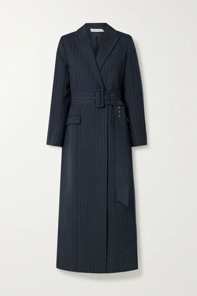 - Delphine Belted Pinstriped Twill Coat - Navy