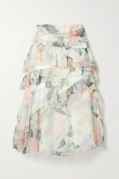 - Ruffled Floral-print Silk-crepon Skirt - Light gray