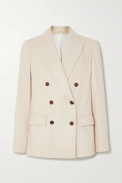 - Double-breasted Leather Blazer - Beige