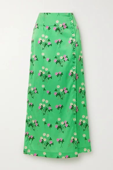 - Kelly Floral-print Silk-blend Satin Midi Skirt - Green