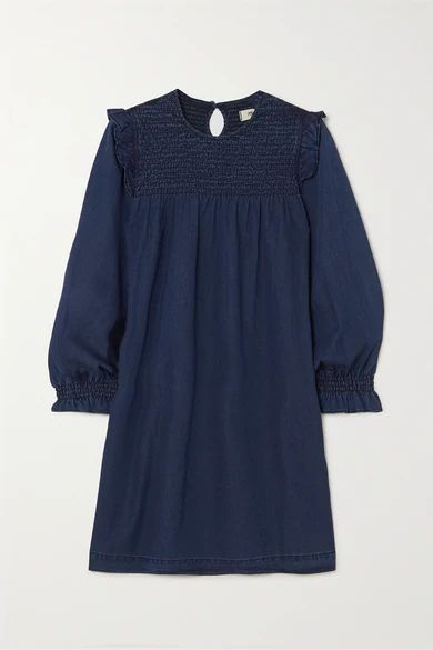 - Ruffled Smocked Denim Mini Dress - Navy