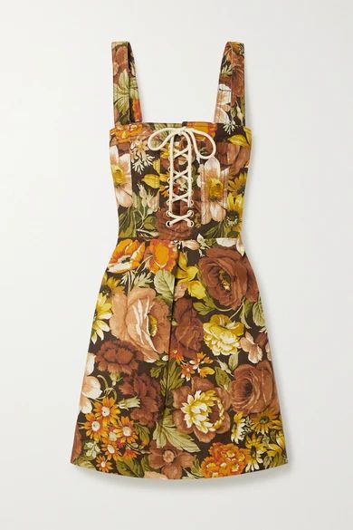 - Bonita Lace-up Floral-print Linen Mini Dress - Dark brown