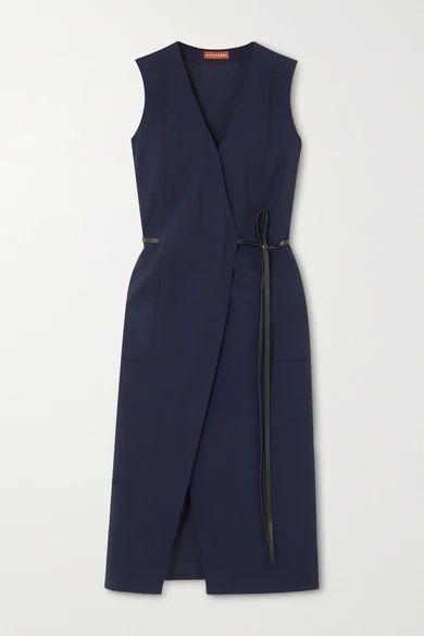 - Cather Leather-trimmed Stretch-wool Wrap Midi Dress - Navy