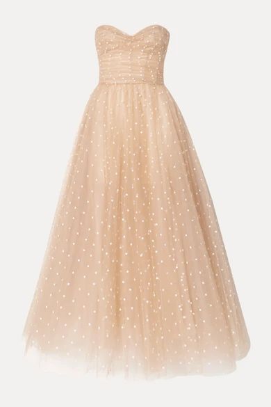 - Embroidered Tulle Gown - Beige