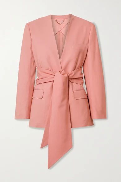 - Belted Woven Blazer - Baby pink