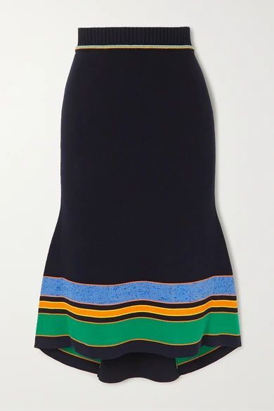 - Striped Ribbed Cotton-blend Midi Skirt - Navy