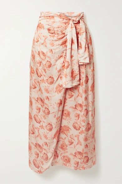 - + Net Sustain Wrap-effect Floral-print Hammered-satin Midi Skirt - Peach
