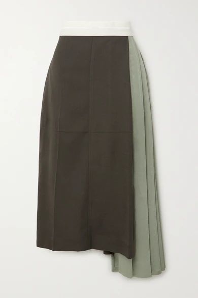 - Pleated Color-block Woven Midi Skirt - Gray