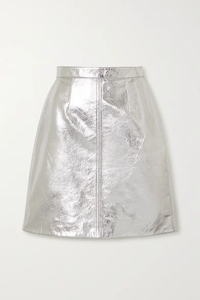 - Metallic Cracked-leather Midi Skirt - Silver