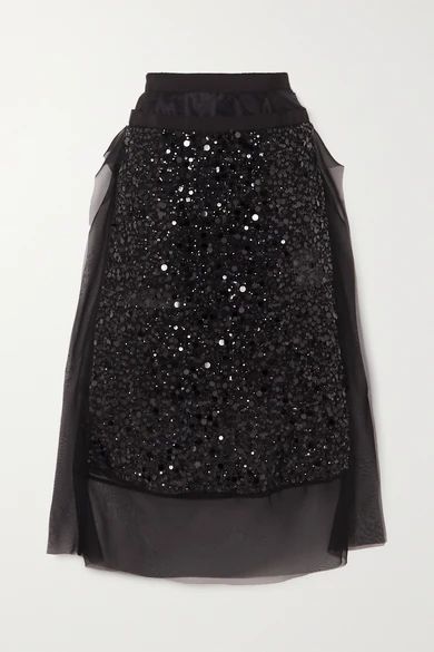 - Sequin-embellished Satin And Grosgrain-trimmed Chiffon Midi Skirt - Black