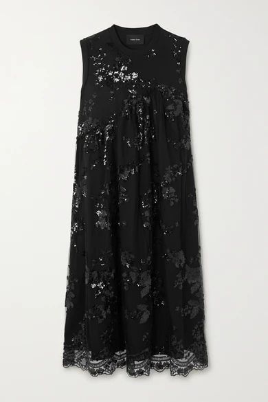 - Sequined Tulle And Cotton-jersey Midi Dress - Black