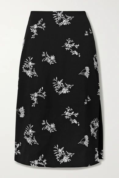 - Embroidered Crepe Midi Skirt - Black