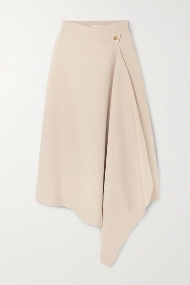 - Asymmetric Twill Wrap Midi Skirt - Beige