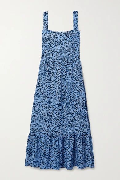 - Olympia Tiered Printed Silk Midi Dress - Blue