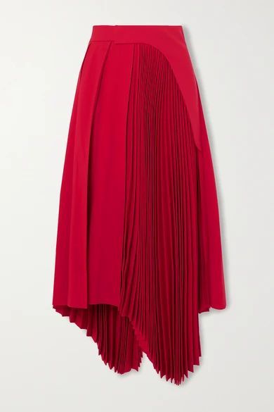 - Asymmetric Pleated Twill Midi Skirt - Red