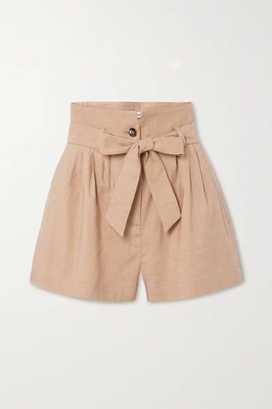 - Belted Pleated Linen-blend Shorts - Beige