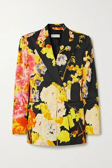 - Double-breasted Floral-print Satin Blazer - Black