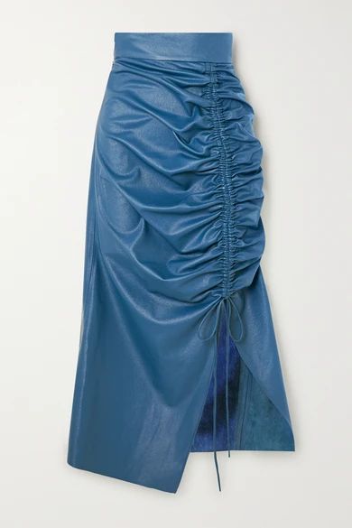 - Ruched Faux Leather Midi Skirt - Blue