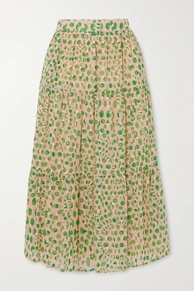 - Basilic Tiered Floral-print Cotton Midi Skirt - Green