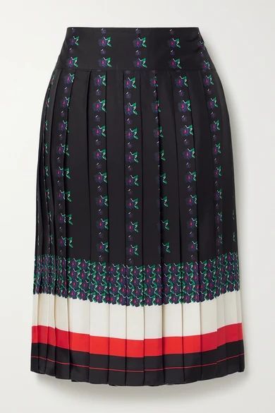 - Carmine Pleated Printed Silk-satin Twill Skirt - Navy