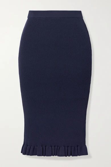 - Ruffled Ribbed Stretch-knit Skirt - Navy