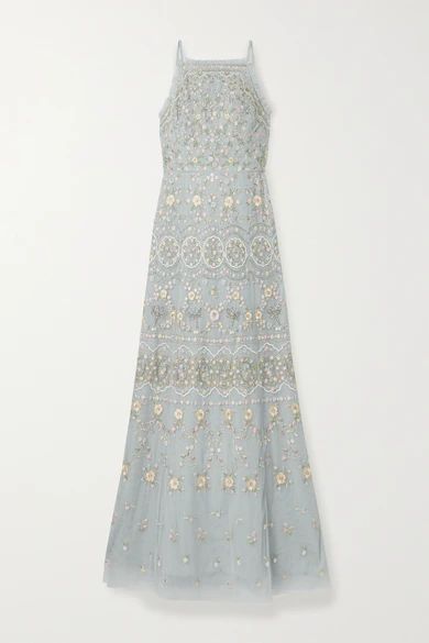 - Sweet Petal Embellished Embroidered Tulle Gown - Sky blue