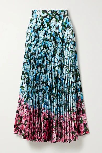 - Uni Pleated Floral-print Satin-twill Midi Skirt - Blue