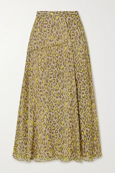 - Leopard-print Silk-crepon Midi Skirt - Tan
