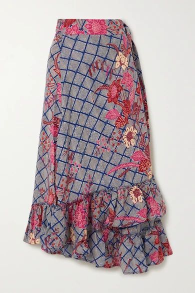 - Feliz Ruffled Floral-print Silk-satin Wrap Midi Skirt - Blue
