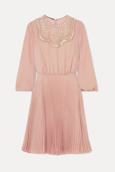 - Embellished Pleated Silk-georgette Midi Dress - Pastel pink