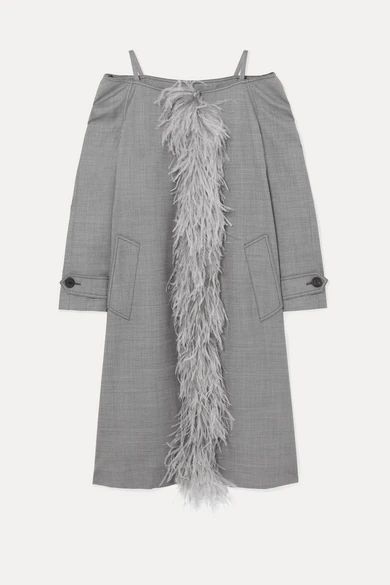 - Cold-shoulder Feather-trimmed Wool-blend Coat - Gray