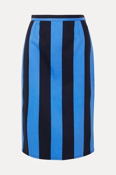- Striped Denim Midi Skirt - Blue