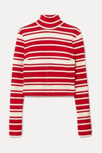 - Striped Ribbed-knit Turtleneck Sweater - Red