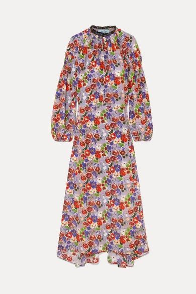 - Lace-trimmed Shirred Floral-print Silk-crepe Midi Dress - Lilac