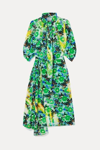 - Pussy-bow Floral-print Silk Crepe De Chine Midi Dress - Green