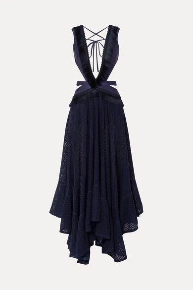 - Cutout Fringed Jersey And Cotton-blend Lace Maxi Dress - Navy