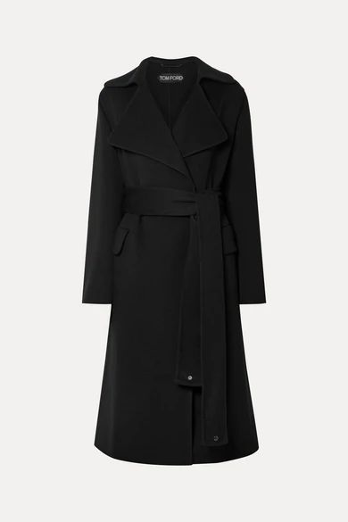 - Belted Leather-trimmed Cashmere Coat - Black