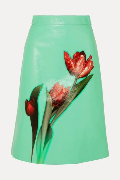 - Floral-print Leather Midi Skirt - Green