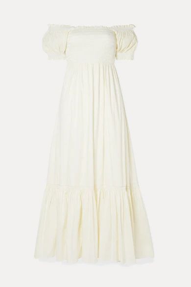- Arielle Shirred Striped Cotton-blend Poplin Maxi Dress - White