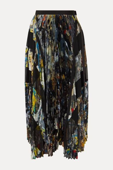 - Asymmetric Pleated Printed Crepe Wrap Midi Skirt - Navy
