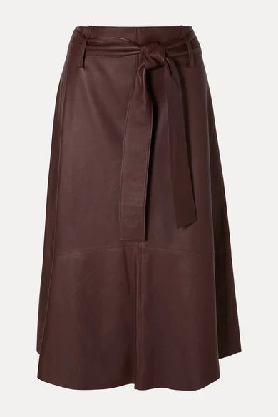 - Belted Leather Midi Skirt - Brown