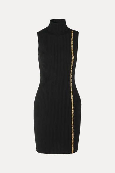 - Embellished Ribbed Wool-blend Turtleneck Mini Dress - Black