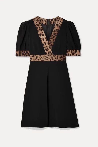 - Wrap-effect Leopard Print-trimmed Crepe Mini Dress - Black