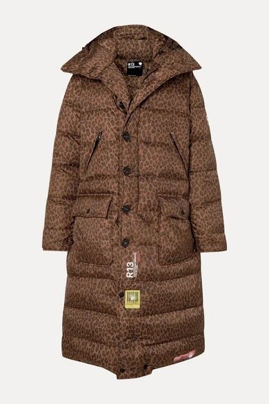 +r13 Hooded Quilted Leopard-print Shell Down Coat - Brown