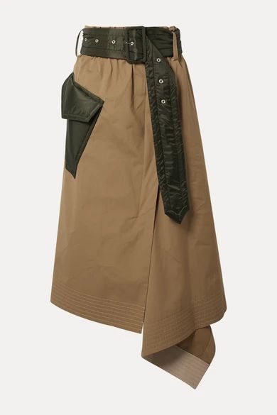 - Belted Shell-trimmed Draped Cotton-canvas Midi Skirt - Beige