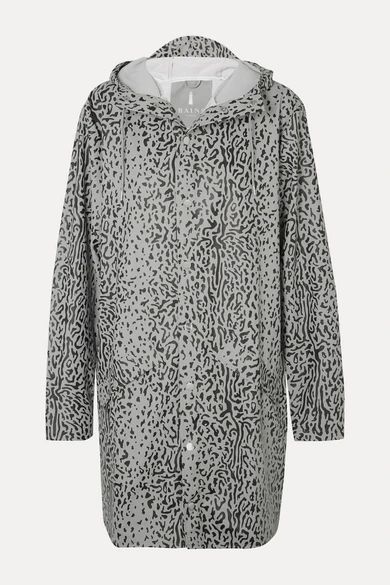 Hooded Leopard-print Matte-pu Raincoat - Gray