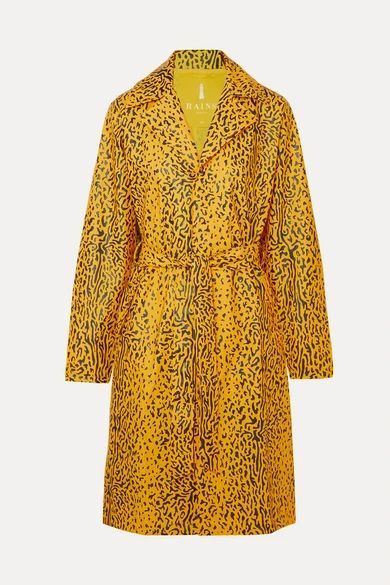 - Belted Leopard-print Matte-pu Trench Coat - Yellow