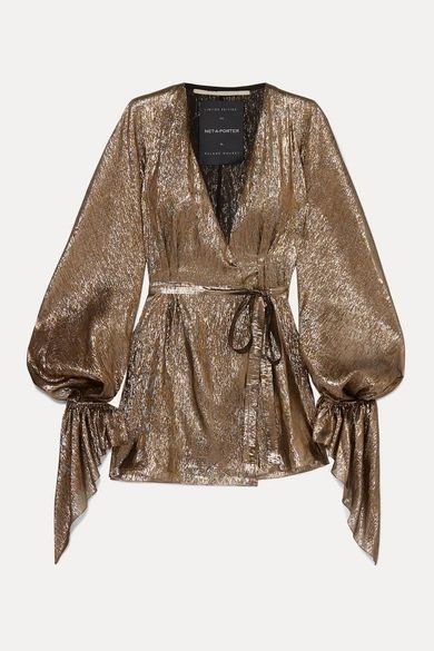 - Hamberg Metallic Plissé Silk-blend Wrap Mini Dress - Gold