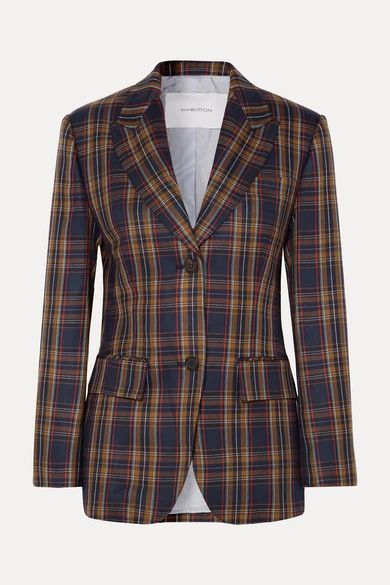 - Paneled Faux Leather And Checked Twill Blazer - Brown