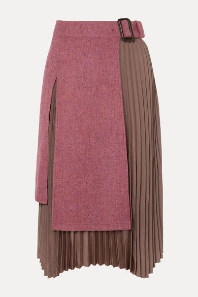 - Layered Wool-tweed And Pleated Satin Midi Skirt - Pink
